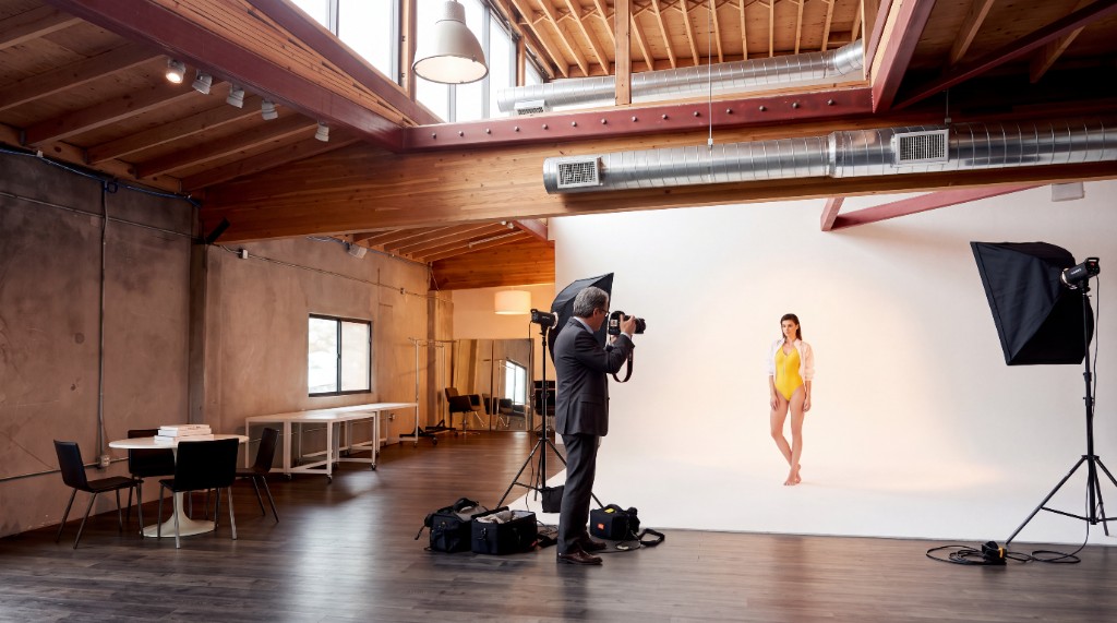 Egemen Mustafa Şener Studio — photographer working with a model on the cyclorama